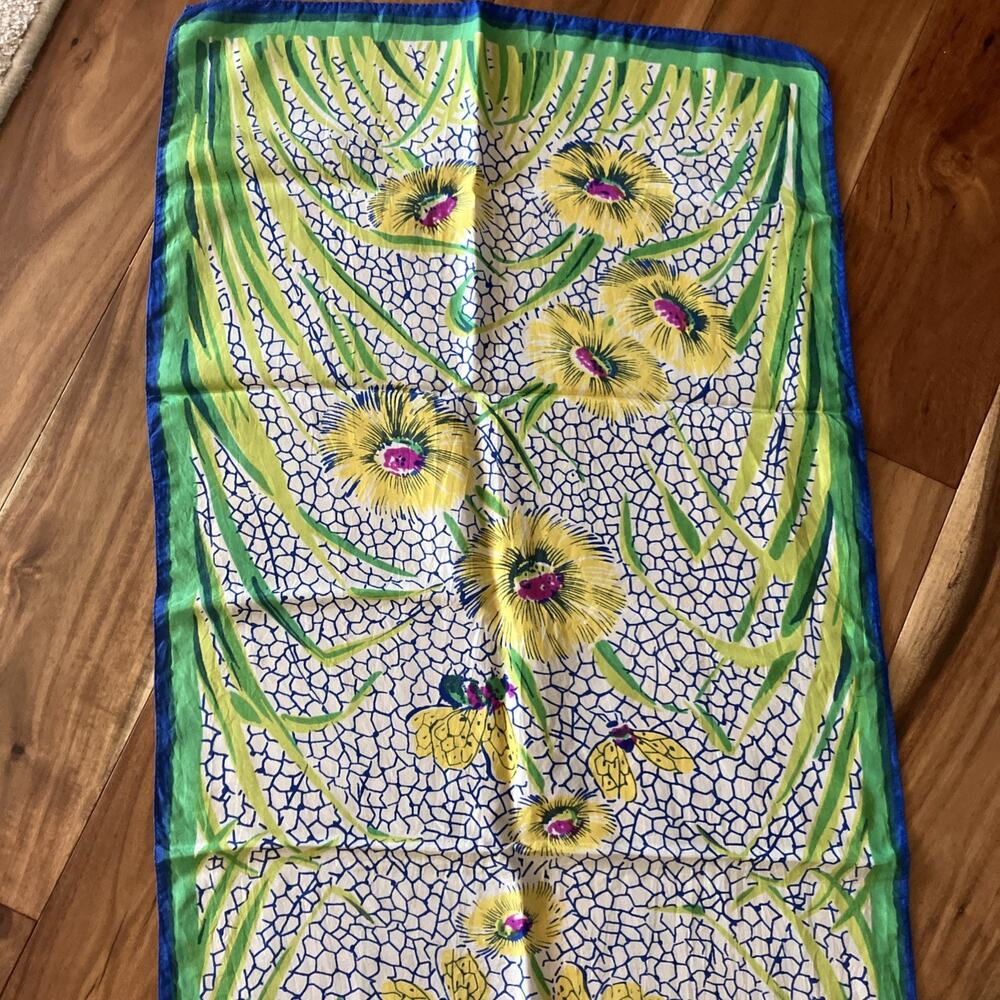 Vtg 1930's Silky Scarf Art Deco Floral Bee's Colorful Hand Rolled Blue MCM Rare - Picture 6 of 16